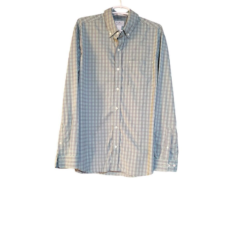 L.L. Bean Shirt XL Green Blue Plaidโ Long Sleeve Slightly Fitted Stretch Nylon